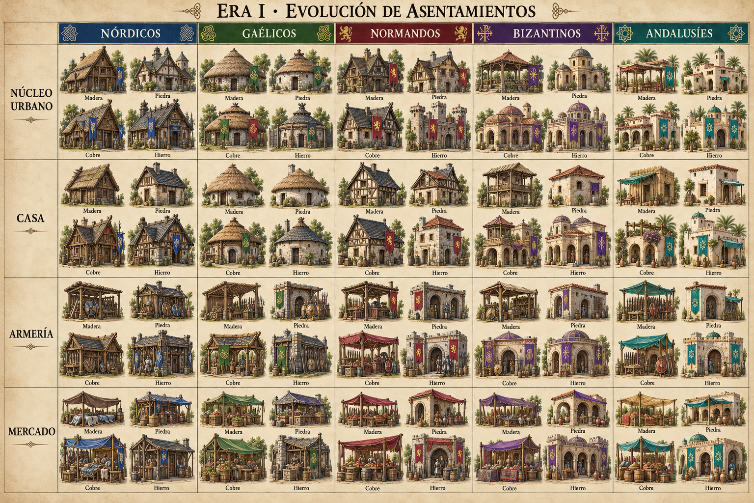 Lámina conceptual de asentamientos de las cinco culturas de Era I
