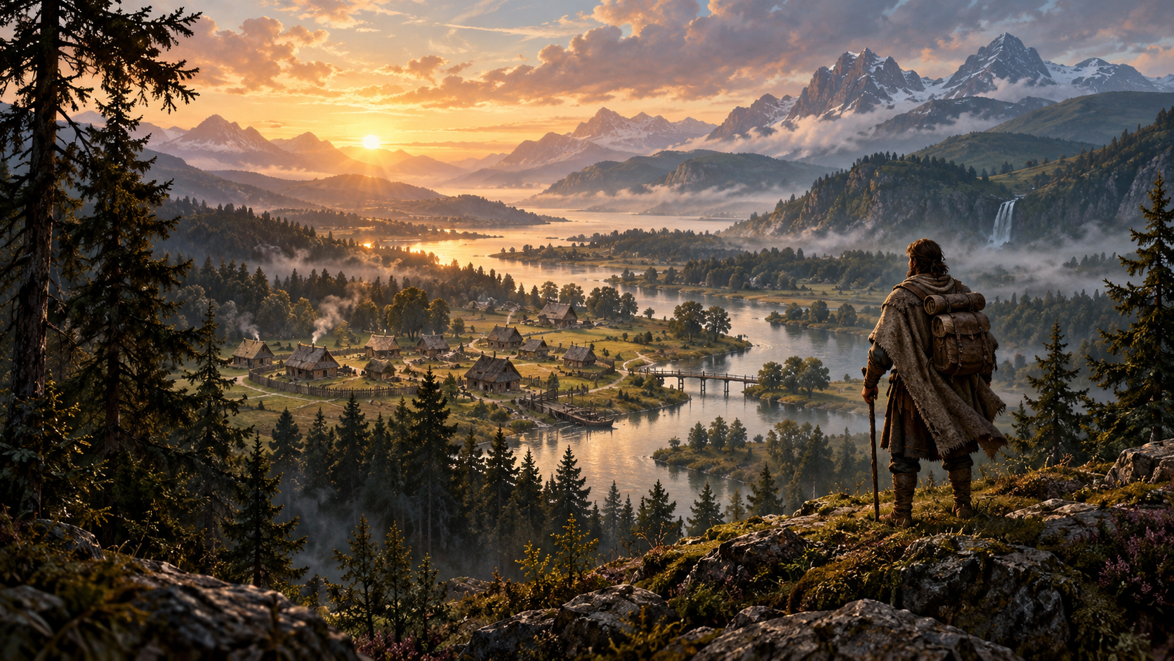 Arte conceptual de un viajero que contempla un poblado entre montañas y ríos